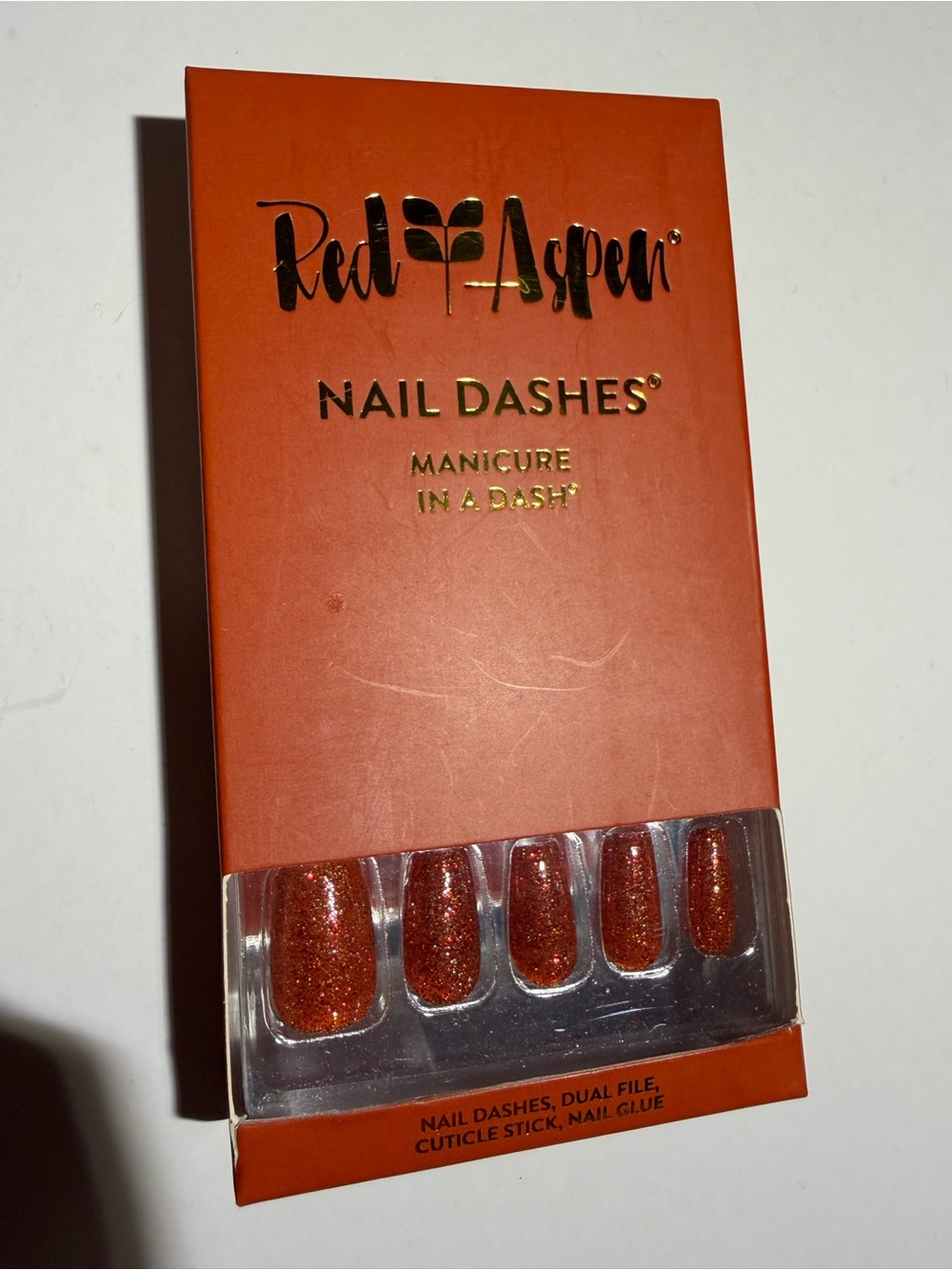 Red Aspen Nail Dashes Press-On Nails — Glittery Orange Set
